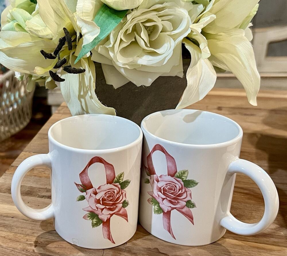 Avon Breast Cancer Awareness Mugs. Set Of 2. Pink & White Rose Pattern.